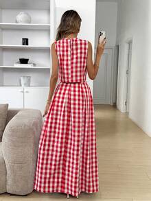 Easowa Bộ đồ nữ gồm áo sơ mi và chân váy kẻ caro, kiểu dáng thường ngày, gồm 2 món. - Đỏ - Xem 5