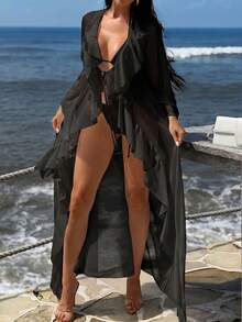 Sirith Women's Solid Color Long Sleeve Drawstring Hem Cover Up - Black - View 3