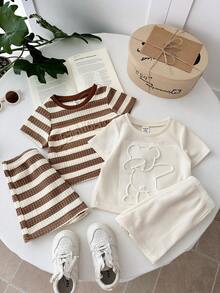 LMoss Kids Bộ 4 món áo thun và quần short dệt kim kẻ sọc trơn cho bé trai - Nhiều màu - Xem 4