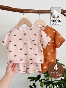 LMoss Kids 2pcs Baby Girl Woven Round Neck Casual T-Shirt And Shorts Set - Multicolor - View 5
