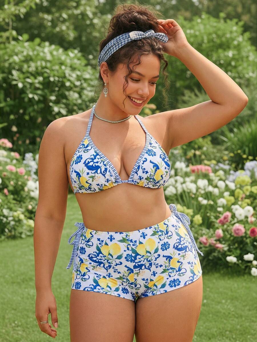 Swim Mod Bộ bikini 3 mảnh gợi cảm mùa xuân/hè 2026 mới về, in kỹ thuật số, có đệm mút rời, dây buộc nơ phía sau, quần tam giác viền ren thanh lịch, phong cách nghỉ dưỡng thường ngày. - Nhiều màu - Xem 1