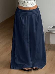 Coolane 女款大尺碼春夏鄉村音樂會海灘波希米亞風基礎極簡水洗100%純棉白色圓弧下擺長褲 - 藏蓝色 - 查看 1