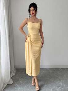 Modelyn 女士法式优雅褶皱腰部开衩纹理吊带连衣裙，适合度假和约会 - 黃色 - 查看 7