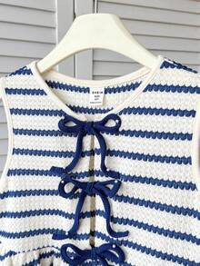 Tween Girl Navy & White Striped Front Tie Round Neck Casual Camisole - Blue and White - View 3