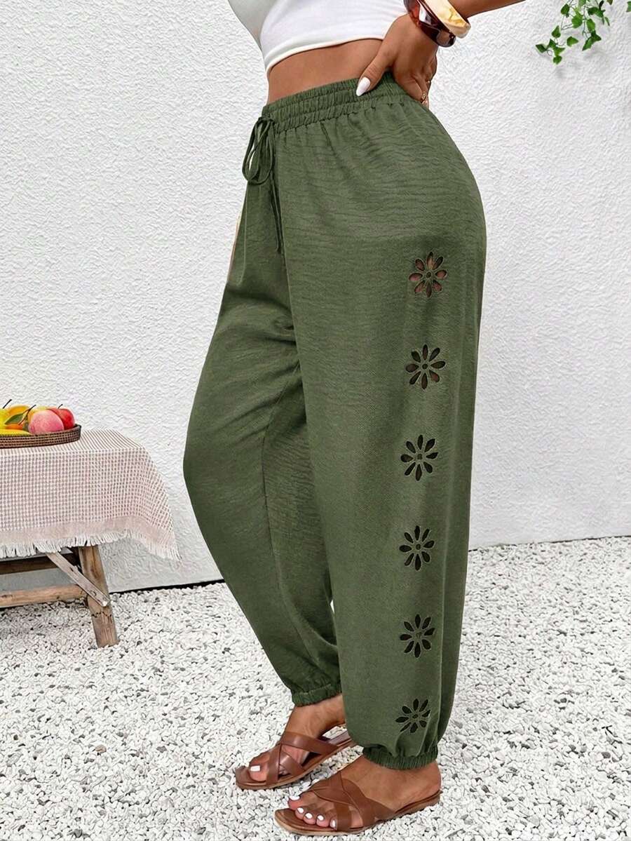 SHEIN Frenchy Plus Size Casual Solid Color Ruched Hem Pants - Green - View 1
