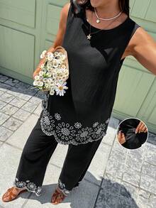 SHEIN 2件組孕婦度假刺繡背心與可調腰圍休閒常規長褲套裝，黑色，夏季 - 黑與白 - 查看 2