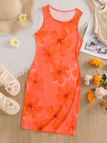 SHEIN 1pc Printed Fitted Basic Dress For Teenage Girls - Orange - View 4
