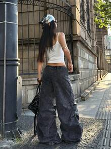 Coolane Pantalones tipo paracaídas con pierna ancha y tiro bajo lavados, ropa de vuelta al colegio para mujer - Gris Oscuro - Ver 2