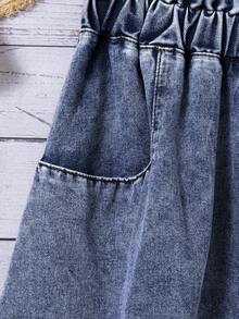 SHEIN 青少年女孩寬鬆休閒A字裙 荷葉邊裙襬前開衩牛仔長裙 夏季度假適用 - 深色水洗藍 - 查看 5