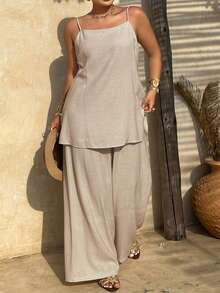 Livesso Plus Size Women Business Casual Solid Color Sleeveless Long Jumpsuit & Wide Leg Pants 2-Piece Set, Spring/Summer - Apricot - View 9