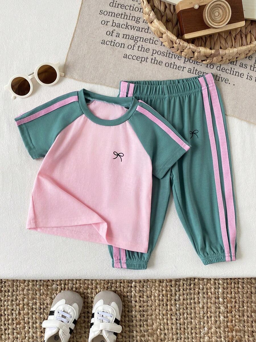 SHEIN 女嬰 2件/套 春夏套裝 綠色與粉色 休閒度假運動風 刺繡裝飾 短澎澎袖上衣&條紋長褲 - 綠色 - 查看 1