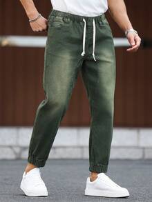 Manfinity Homme Jeans de mezclilla de uso diario versátil con bolsillos y cintura con cordón para hombres - Verde militar - Ver 3