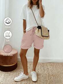 SHEIN Holidaya Quần short nữ mùa hè mới, chất liệu linen, kiểu dáng thường ngày, có dây rút ở eo và gấu quần được cuộn lên, mang đến vẻ ngoài thoải mái nhưng vẫn thanh lịch, phù hợp cho những buổi đi chơi hàng ngày, kỳ nghỉ hoặc những dịp thường nhật nhẹ nhàng. Đây là một món đồ đa năng trong dòng quần short thường ngày có dây rút, quần dài màu kaki thanh lịch và quần ống rộng ôm dáng. - Hồng - Xem 4