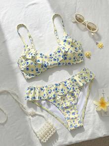 Swim Mod 女款碎花印花分體式比基尼泳衣套裝，甜美可愛小碎花 - 淡黃色 - 查看 3