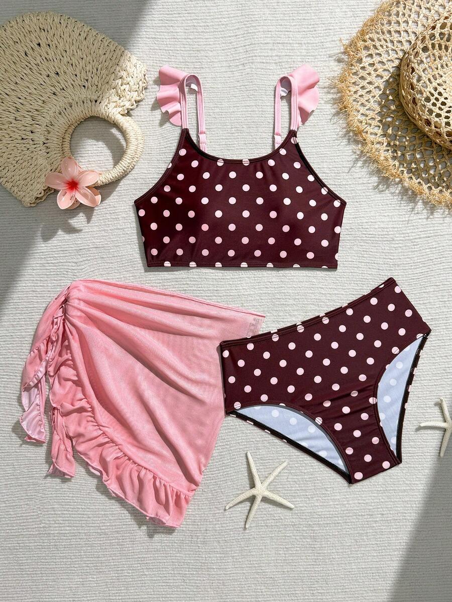 SHEIN Bộ bikini họa tiết hoa dễ thương cho bé gái, có bèo nhún ở gấu, kèm áo khoác ngoài đi biển. - Nhiều màu - Xem 1
