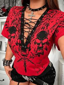 Whyspr Plus Size Punk Eyelet Tape Print Short Sleeve T-Shirt, Spring/Summer - Red - View 4
