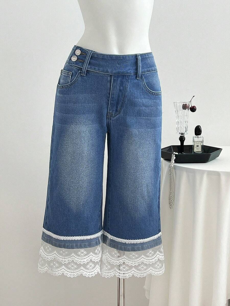 Elamini Women's Casual Washed Lace Patchwork Denim Jeans School White And Blue Summer - Light Wash - View 1
