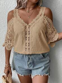SHEIN Clasi Plus Size Women's Contrast Lace Off-Shoulder Fashionable Blouse - Khaki - View 3