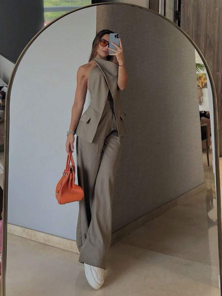 Firerie Bộ đồ hai mảnh thanh lịch, thường ngày dành cho nữ gồm áo blazer và quần ống rộng bằng vải lanh / Áo sơ mi chéo eo không đối xứng và quần ống đứng rộng, bộ đồ thanh lịch, trang phục giáo viên / Bộ đồ hai mảnh màu nâu xám bằng vải lanh ôm eo chéo và quần hai mảnh dành cho nữ / Bộ đồ hai mảnh dành cho Ngày Quốc tế Phụ nữ / Trở lại trường học / Trang phục công sở thường ngày dành cho nữ / Trang phục phong cách cổ điển dành cho nữ / Trang phục công sở / Bộ đồ / Áo khoác công sở dành cho nữ / Áo cổ yếm ôm sát / Bộ đồ hai mảnh thanh lịch, thường ngày dành cho nữ - Màu Khaki - Xem 1