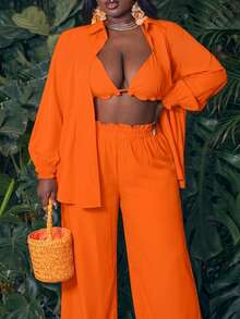 SHEIN CURVE+ Bộ đồ 3 món dành cho nữ cỡ lớn, màu trơn, gồm áo hai dây buộc cổ, quần và áo khoác cardigan, thích hợp mặc hàng ngày. - Màu Cam cháy - Xem 7