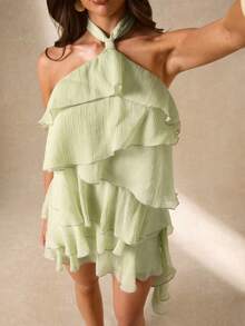 SHEIN BAE Đầm ngắn màu xanh lá cây bằng vải chiffon, vạt bất đối xứng, hở lưng, viền bèo nhún, thích hợp cho kỳ nghỉ biển, du lịch thường ngày, mặc hàng ngày hoặc đi nghỉ mát. - màu xanh lá - Xem 7