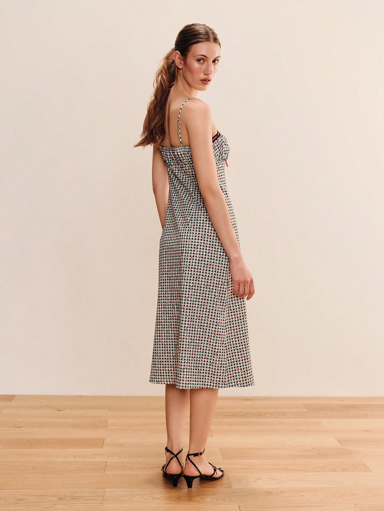 Floral And Gingham Printed Midi Dress With Contrast Red Straps And Tie Front Detail Vintage Cute Spring Summer Casual Holiday Dress Spaghetti Strap Dress Knee Length Dress French Style Dress