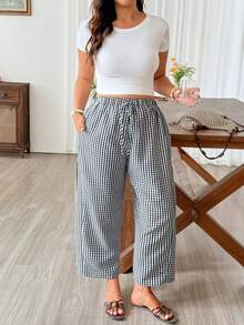 Weeklong Plus Size Women Elegant Plaid Drawstring Waist Pocket Long Pants - Multicolor - View 7
