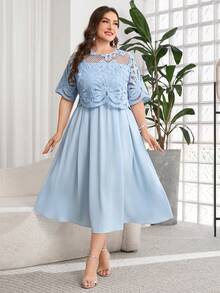 Reflora Plus Size Elegant Party Solid Color Hollow-Out Patchwork Dress - Blue - View 6
