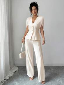 Elenzga Aprikot Chiffon Jacke mit geraffter Taille, kurzen Ärmeln, V-Ausschnitt Bluse und gerade geschnittene Hose, Zweiteiler, elegant und vielseitig für Büro und Lässig, Sommer - Aprikosenfarben - Übersicht 4