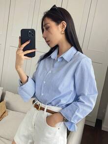 DAZY Women's Striped Long Sleeve Single-Breasted Casual/Work Shirt Petite - Blue - View 7