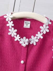 SHEIN Young Girl Knitted Solid Color Patchwork Contrast Color Floral Ribbon Casual Vest - Hot Pink - View 6