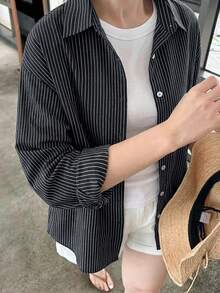 Dazy Plus 女款寬鬆翻領黑白休閒基本款大尺碼長袖罩衫，適合教師節、辦公室、度假、秋季 - 藏蓝色 - 查看 1