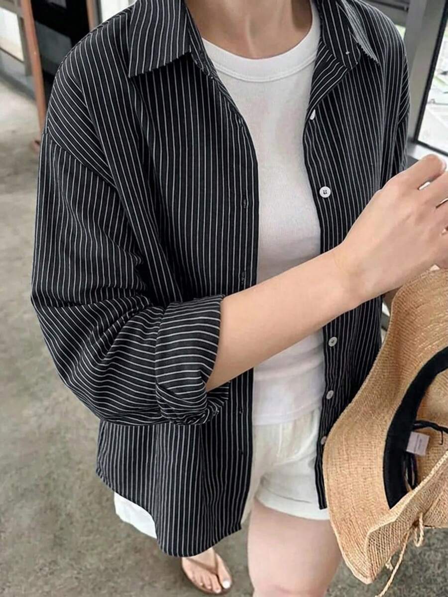 Dazy Plus 女款寬鬆翻領黑白休閒基本款大尺碼長袖罩衫,適合教師節、辦公室、度假、秋季 - 藏蓝色 - 查看 1