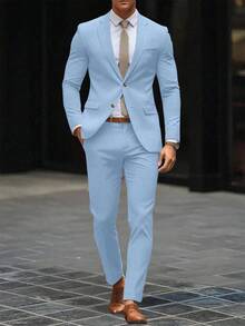 Manfinity Mode Bộ vest nam màu trơn cổ bẻ tay dài, áo blazer và quần tây, kiểu dáng công sở thường ngày, 2 món, thích hợp cho mùa xuân thu. - Màu xanh nhạt - Xem 7