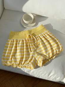 Comfortcana Women's Striped Fashionable Versatile Drawstring Waist Contrast Color Floral Shorts - Yellow - View 5