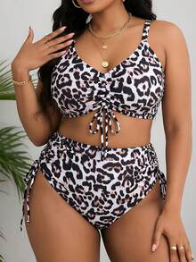 Slaydiva Plus Size Women Leopard Print Ruched Bikini And Triangle Panty Swimwear Set, Suitable For Summer Vacation And Beach - Multicolor - View 4