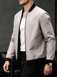 EGENSIO Men's Baseball Collar Color Block Zipper Casual Versatile Daily Wear Long Sleeve Jacket - Light Grey - View 2