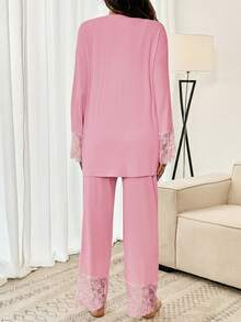 SHEIN 3pcs Maternity Set: Elegant Contrast Lace Camisole, Pants And Robe, Suitable For Spring And Autumn Photoshoot - Pink - View 2