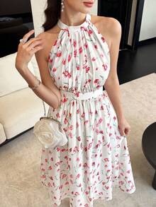 Modelyn Vestido midi con cintura ceñida, estampado floral, sin mangas y con cuello halter, estilo francés para mujer - Multicolor - Ver 5