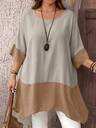 EMERY ROSE Plus Size Women's Pink And Grey Summer Boho Round Neck Batwing Short Sleeve Loose Asymmetric Hem Side Slit Contrast Color Blouse,Vacation Holiday Wear