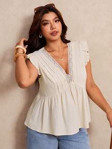 Elaquor Plus Size Women Summer Casual Vacation Solid Color V-Neck Contrast Lace Ruffle Armhole Fold Pleated Babydoll Top - White - View 8