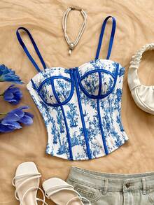 Soleia Plus Size Vintage Floral Contrast Color Camisole For Women, Suitable For Holiday, Date, Afternoon Tea, Vacation, Music Festival, Bohemian Style - Blue and White - View 1