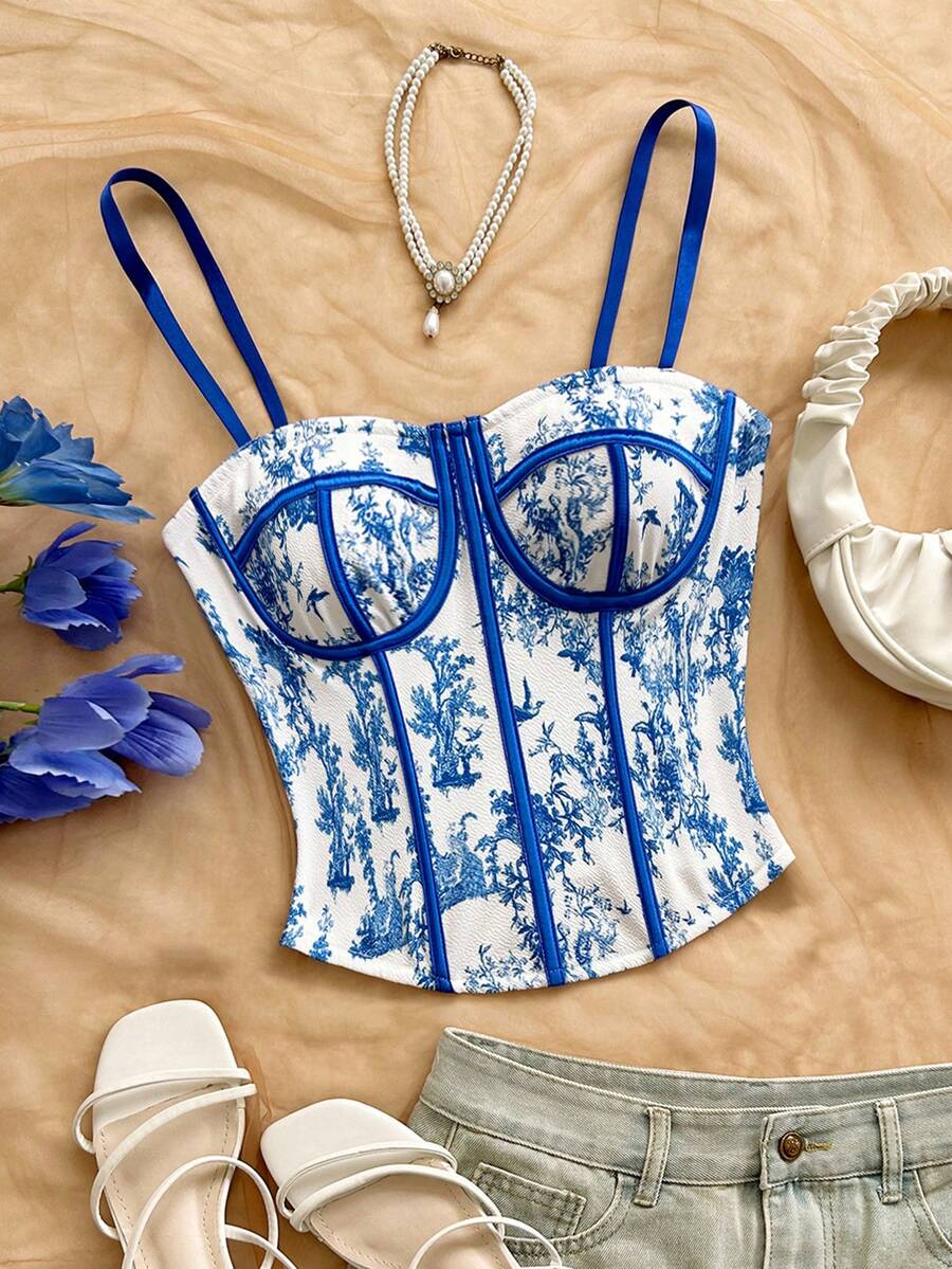 Soleia Plus Size Vintage Floral Contrast Color Camisole For Women, Suitable For Holiday, Date, Afternoon Tea, Vacation, Music Festival, Bohemian Style - Blue and White - View 1
