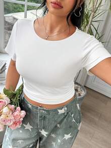 SHEIN EZwear Plus Size Women Summer Casual Commuting Simple Solid Color Short Sleeve Pleated Fitted Cropped T-Shirt - White - View 6