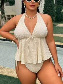Swim Mod Set Baju Renang Tankini Halter Tanpa Punggung dengan Tali Depan Renda untuk Liburan Pantai Musim Panas Wanita Ukuran Besar Warna Pink - Aprikot - View 6
