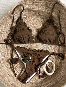 Swim Vcay Women's 2-Piece Textured Ruched Tie-Front Bikini Set, 26SS New Beach Party Vacation Style Swimwear - Coffee Brown - View 1