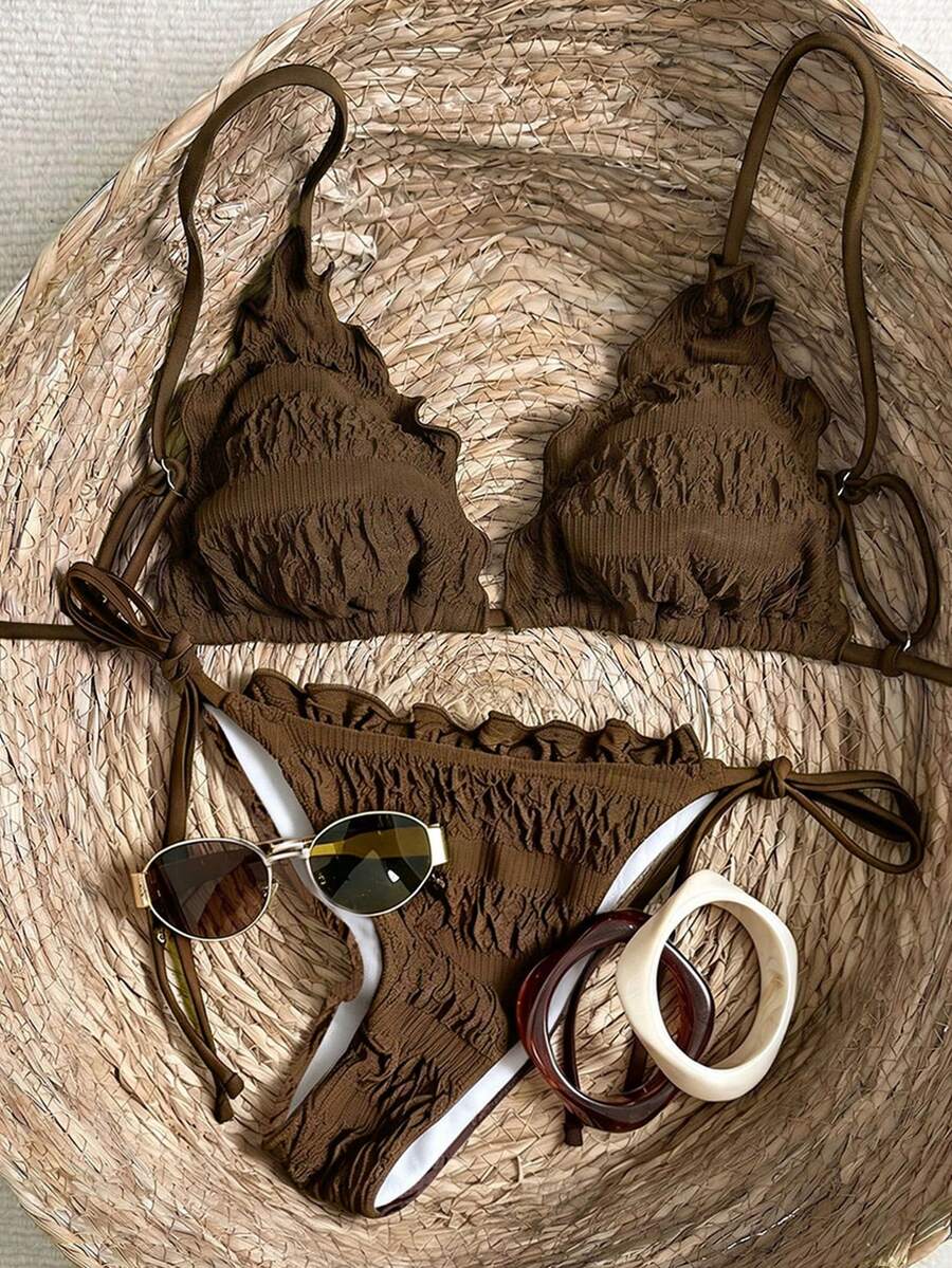 Swim Vcay Women's 2-Piece Textured Ruched Tie-Front Bikini Set, 26SS New Beach Party Vacation Style Swimwear - Coffee Brown - View 1