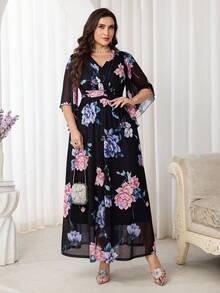Modelyn 大码女式印花V领褶皱优雅连衣裙 - 彩色 - 查看 9