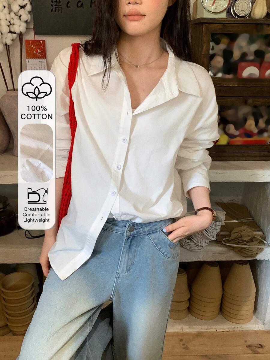 DAZY 纯色前开襟长袖休闲衬衫,春夏款 - 米色 - 查看 1