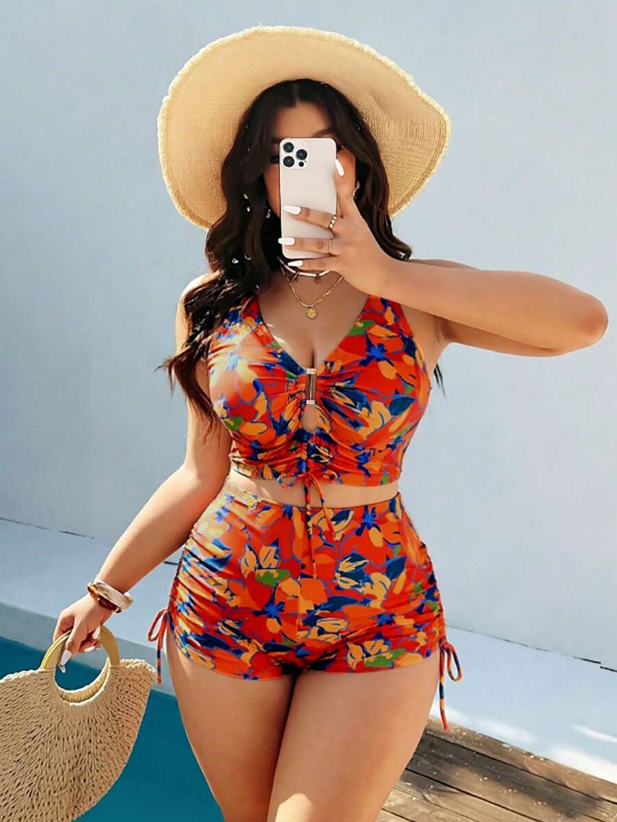 Swim Vcay Damen-Bikini-Set in Große Größen mit Leopardenmuster, 2-teilig, mit Spaghettiträger-Top und Shorts mit Kordelzugbund - Verschiedenfarbig - Übersicht 1